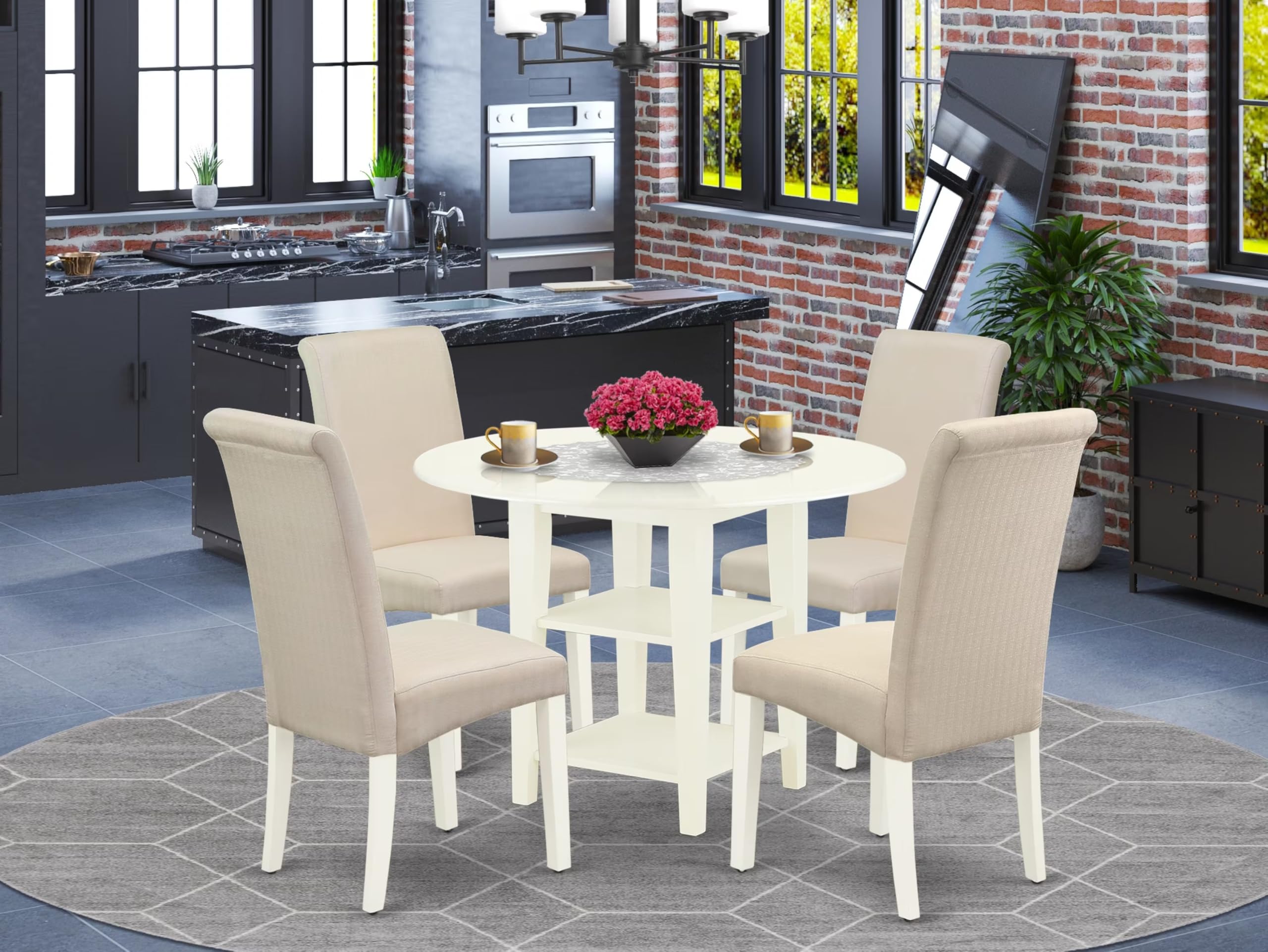 East West Furniture Suba5-Lwh-01 5 Piece Modern Dining Table Set Includes A Round Wooden Table With Dropleaf & Shelves And 4 Cream Linen Fabric Upholstered Chairs, 42X42 Inch, Linen White